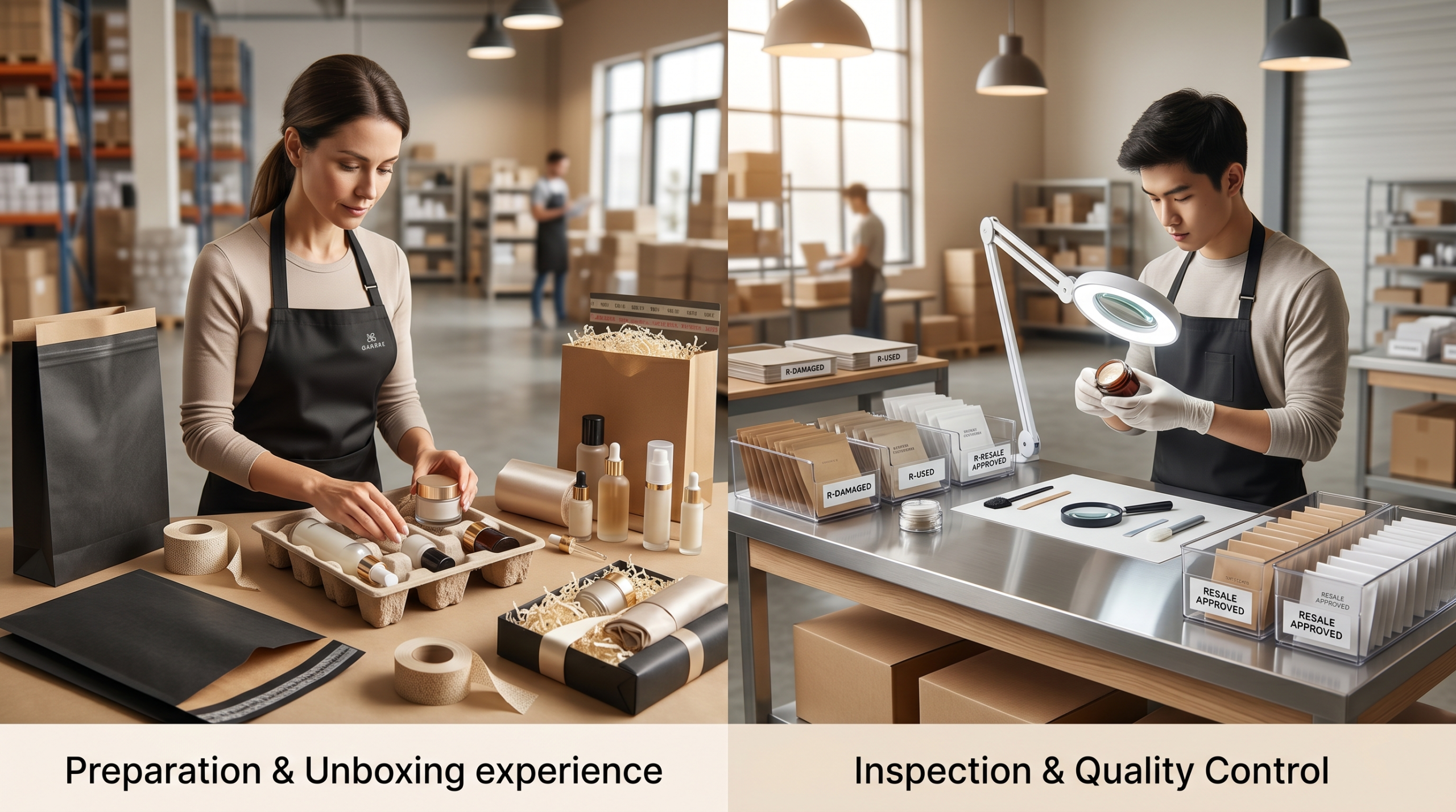 Beauty ecommerce packaging and returns workflow with premium skincare packaging and quality-control inspection