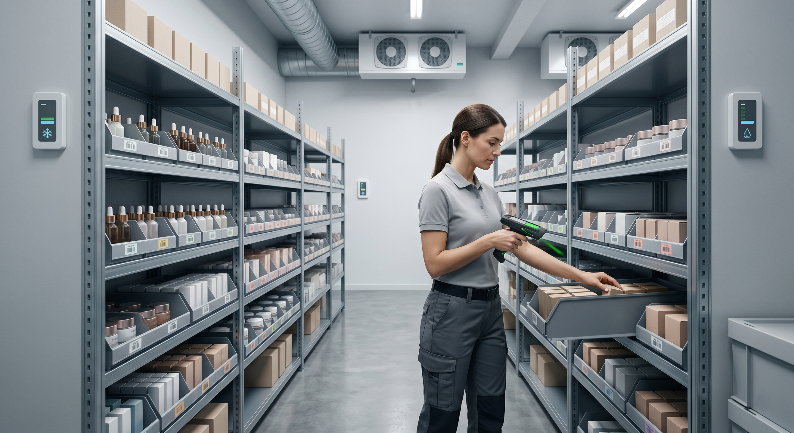 Climate-controlled beauty product storage and inventory management for skincare and cosmetic fulfillment
