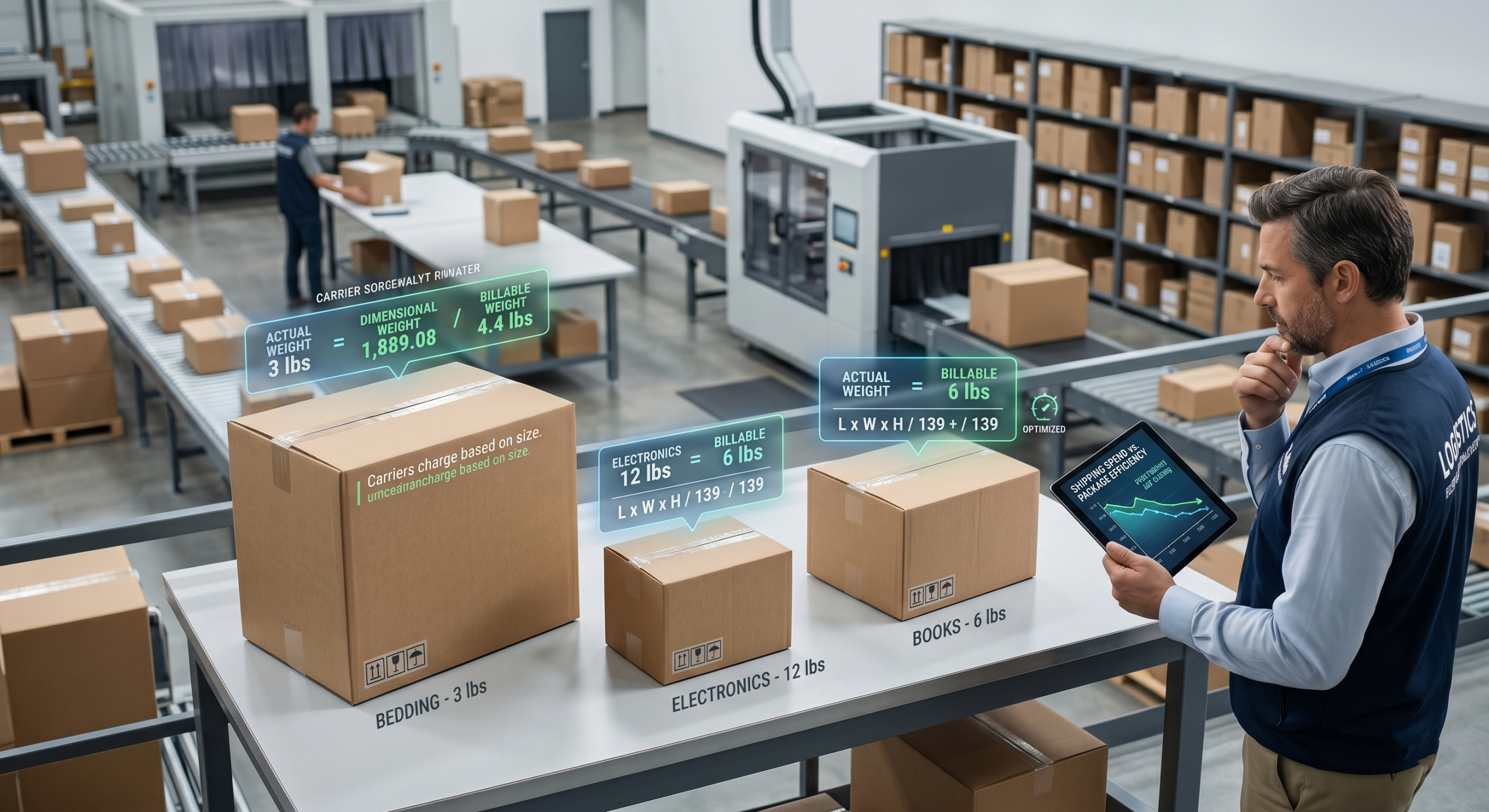 Dimensional weight pricing and ecommerce shipping cost optimization with packaging and fulfillment operations