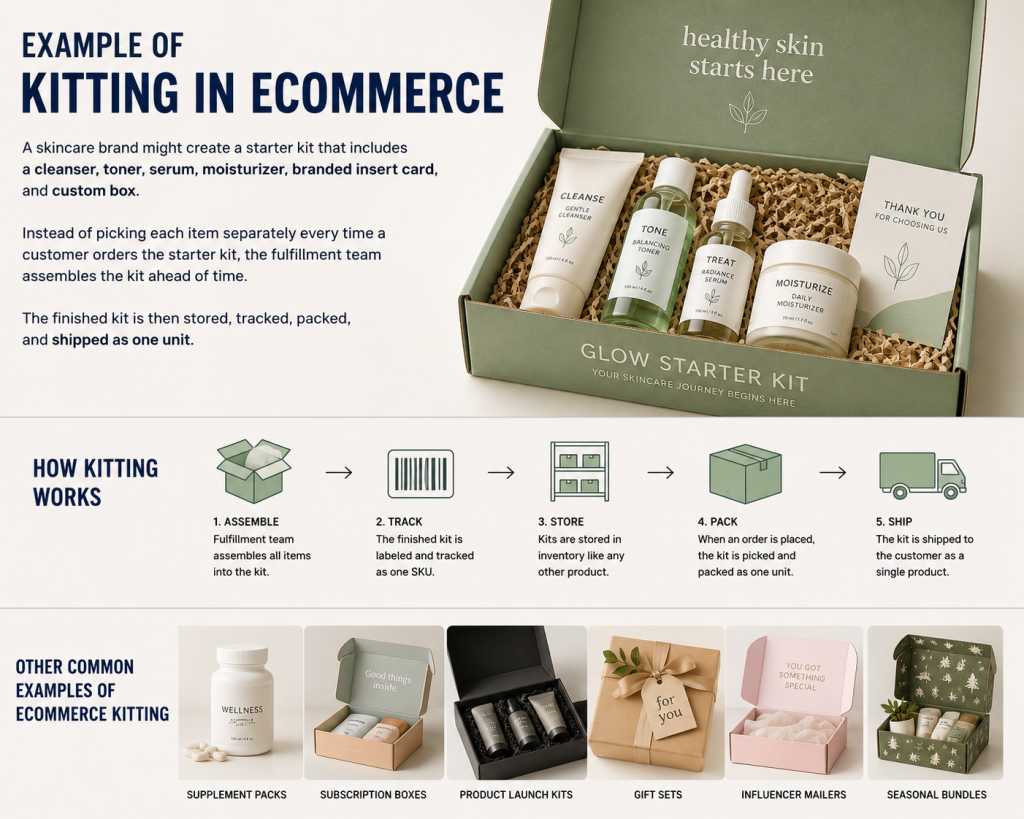 Infographic showing an example of ecommerce kitting with a skincare starter kit, including cleanser, toner, serum, moisturizer, branded insert card, and custom packaging.