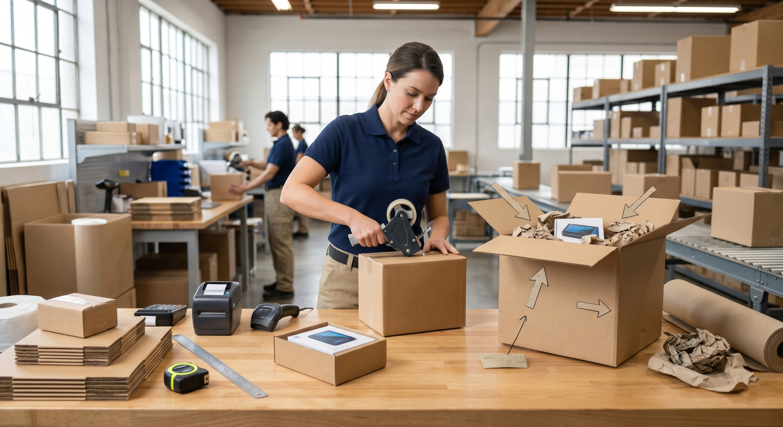 Packaging efficiency and dimensional weight optimization with ecommerce shipping boxes and packing station
