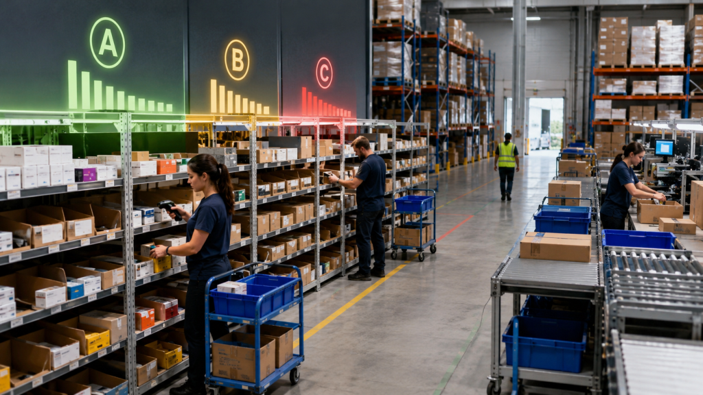 ABC slotting strategy with high velocity SKUs placed near packing and shipping areas in a fulfillment warehouse
