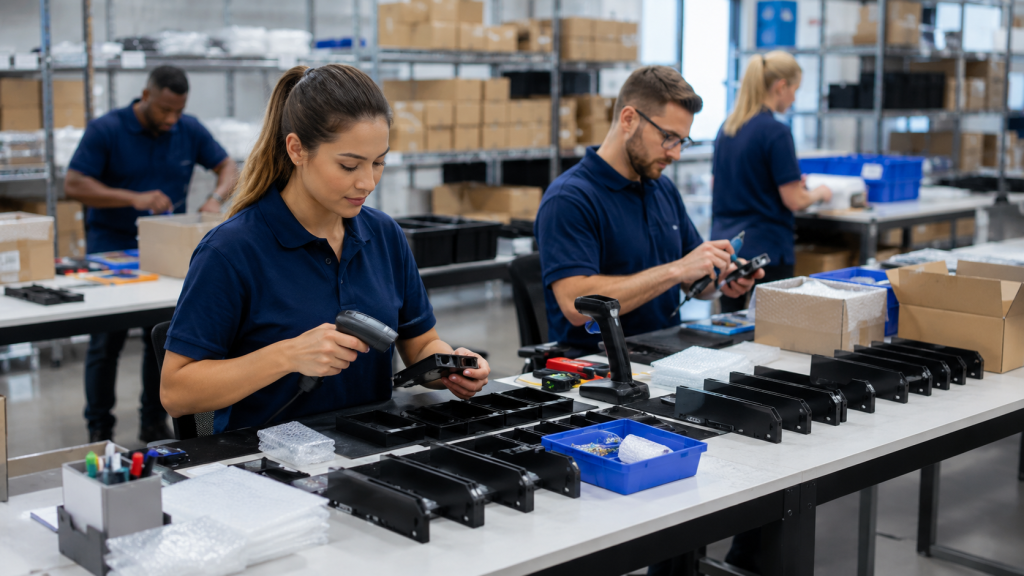 Assembly services in a fulfillment warehouse with product components quality control and organized workstations