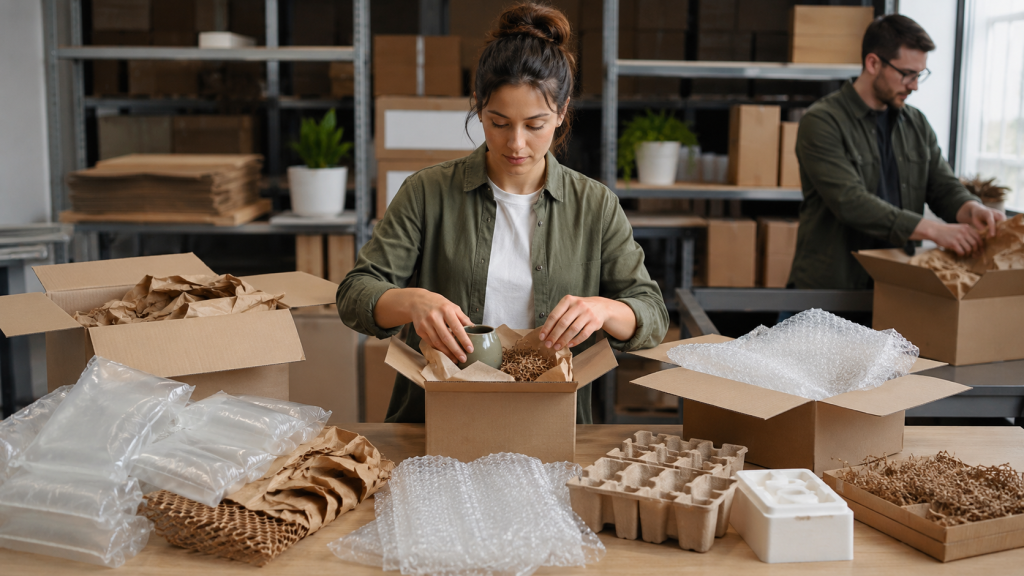 Ecommerce dunnage packaging materials including kraft paper air pillows bubble wrap and foam inserts