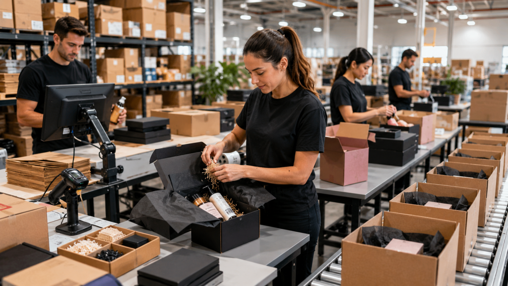 Ecommerce kitting workflow with fulfillment staff building product bundles subscription boxes and custom packaging