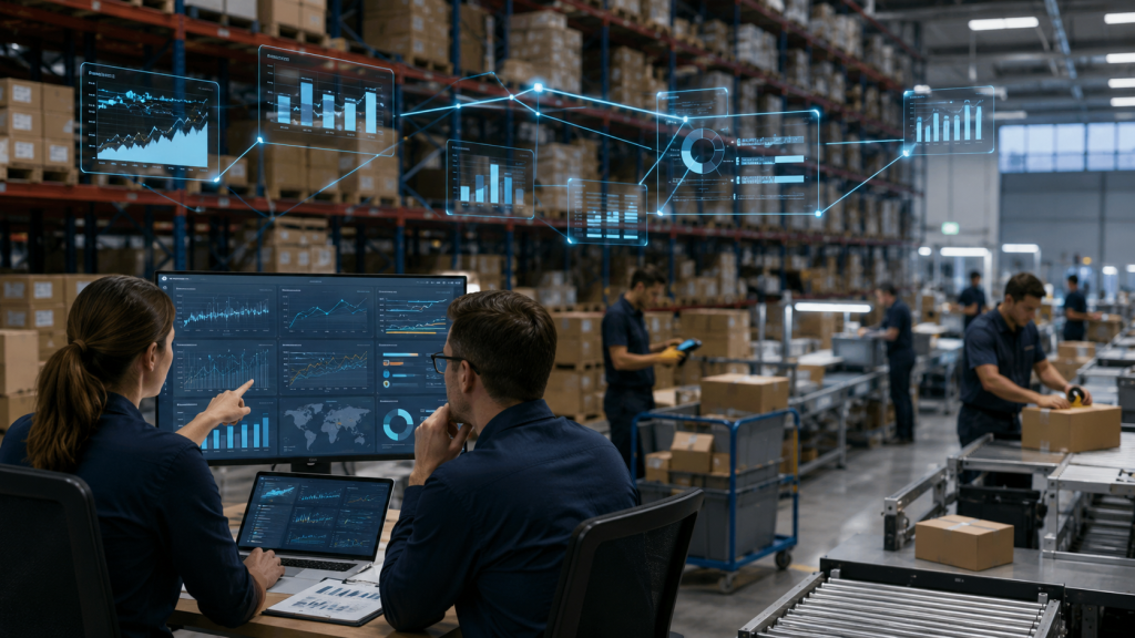 Inventory forecasting dashboard showing safety stock reorder points and ecommerce fulfillment visibility