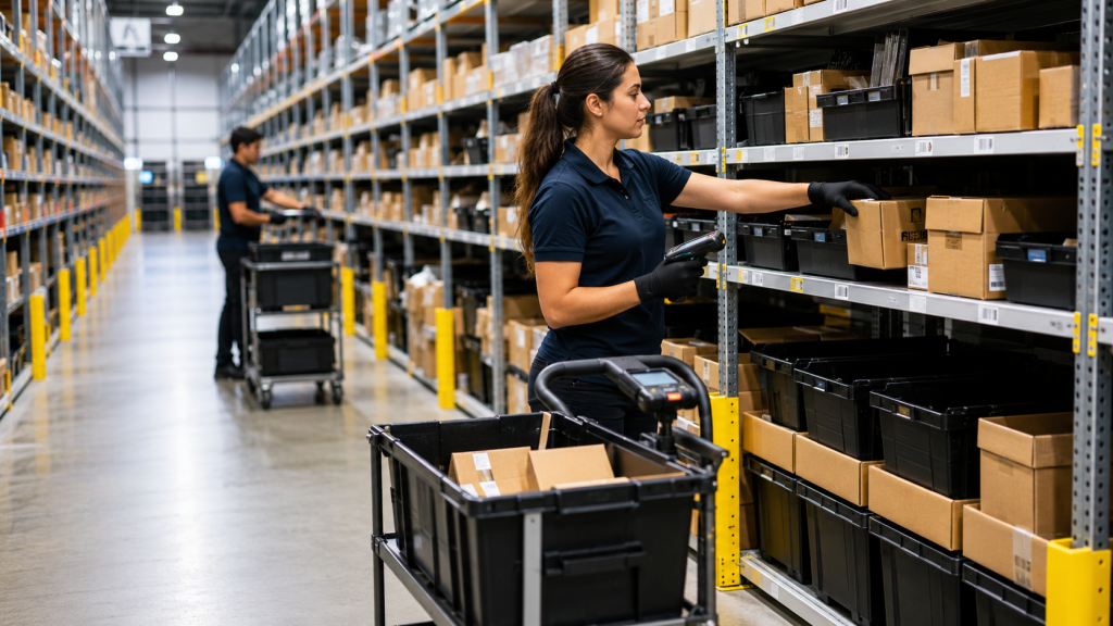 Ergonomic Golden Zone warehouse slotting with ecommerce products placed at waist to shoulder height for efficient picking