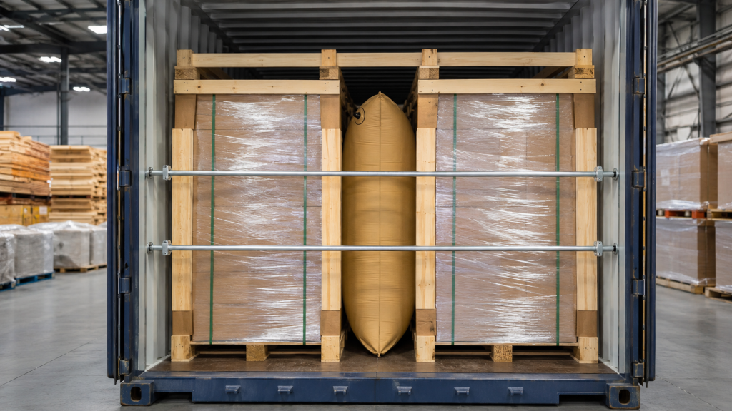 Heavy duty dunnage for freight protection with wood bracing inflatable dunnage bags and secured pallets