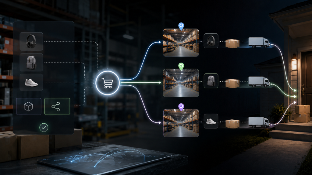 Split shipments ecommerce order routing from multiple warehouse nodes into separate parcel deliveries