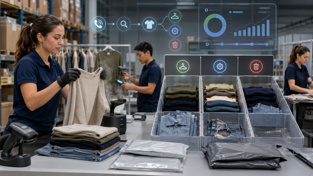 Apparel returns workflow with garment inspection grading refurbishing and restocking in a 3PL warehouse