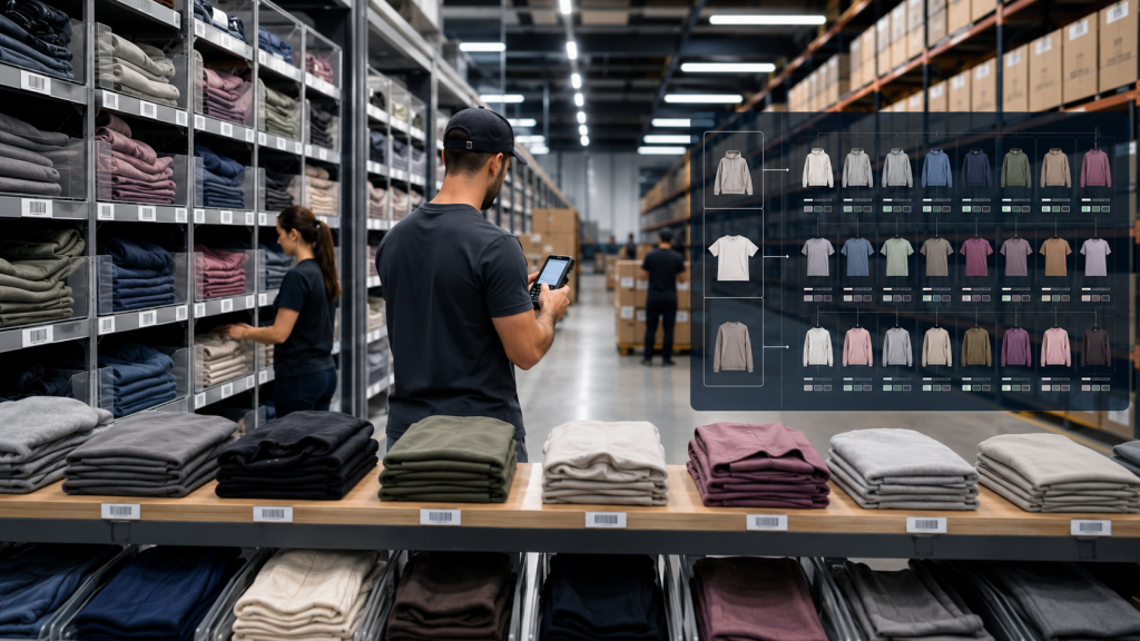 Apparel fulfillment services managing size color and style variants with barcode scanning and inventory visibility