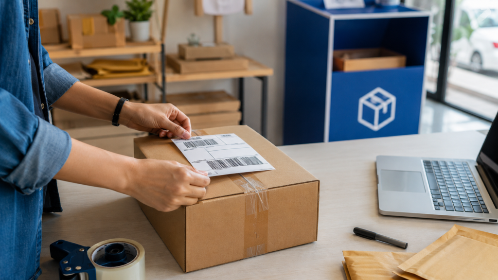 Applying a shipping label to a package before carrier drop off or pickup