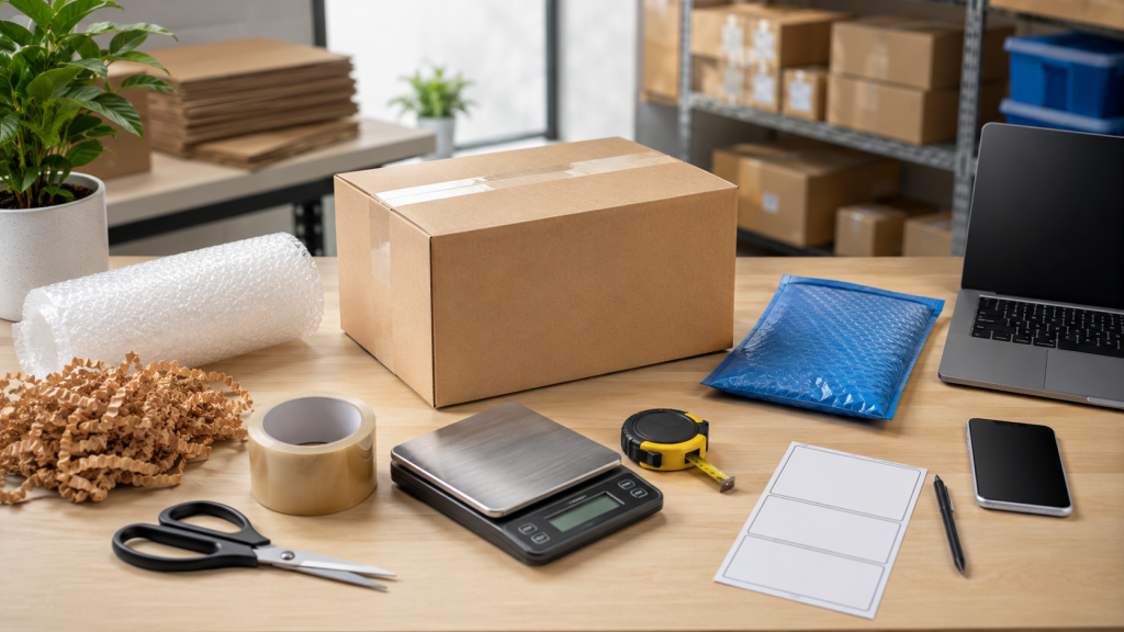 Beginner shipping toolkit with box tape bubble wrap measuring tape scale and shipping label for how to ship a package