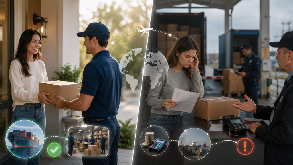 DDP vs DAP ecommerce shipping comparison showing duty paid delivery and customs fee friction for international customers