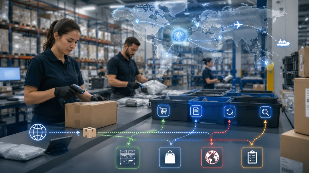 International returns workflow for DDP and DAP ecommerce shipments with customs documentation scanning and restocking