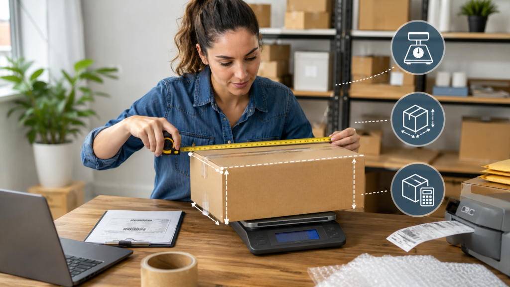 Measuring and weighing a package with digital scale and tape measure before creating a shipping label