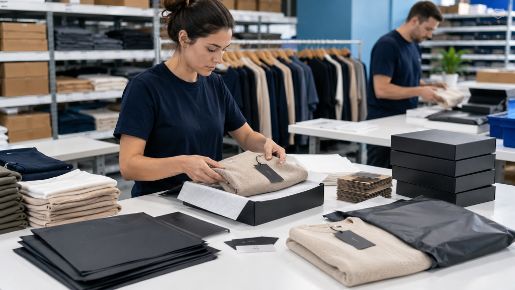 Specialized apparel fulfillment services with garment folding branded packaging inserts and quality control