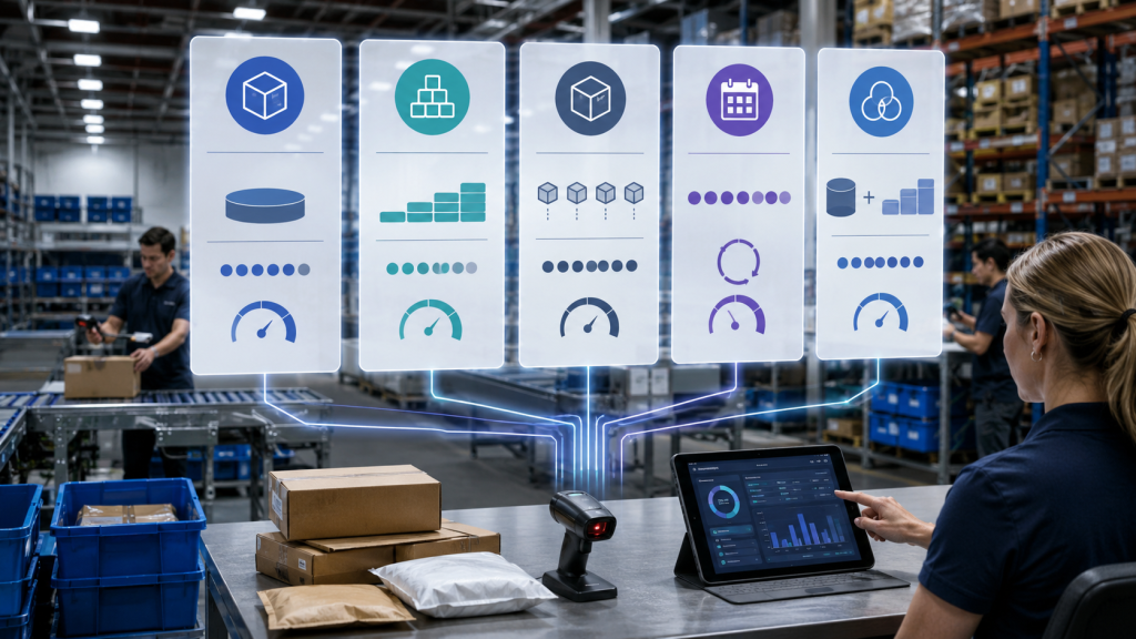 Ecommerce order fulfillment pricing models comparison in a modern 3PL warehouse with cost dashboards and parcel workflows