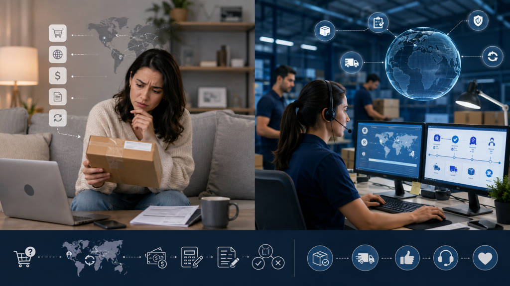 International returns management showing customer return anxiety and cross-border ecommerce support workflow