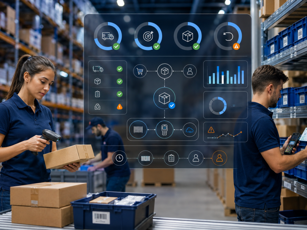Fulfillment contract review with SLA tracking inventory accountability barcode scanning and order accuracy dashboard